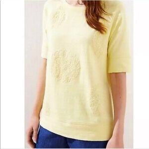 LOFT Pale Yellow Embroidered 3/4 Sleeve Knit Top Side Small