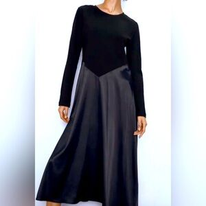 ZARA BLACK SATIN EFFECT COMBINATION FABRIC LONG SLEEVE MIDI DRESS