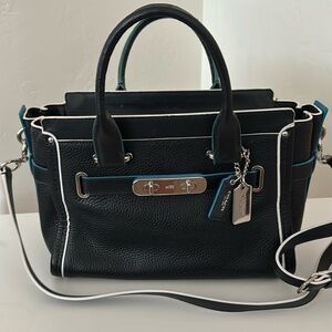 Coach Swagger 27 Edgestain Pebbled Handbag Black Tricolor Leather Satchel