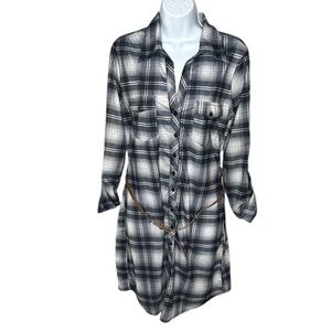 🍁B&B BOUTIQUE | “NWOT” Gray Plaid Belted Button Down Dress - Size Large