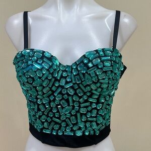 Charmian green gem beaded studded push up club wear bustier crop top