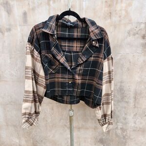 Spoon cropped flannel button up shirtnpuff sleeve