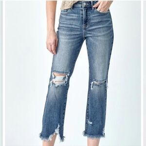 Risen Distressed Stretch Denim Jeans Chewed Hem 31 Whiskering