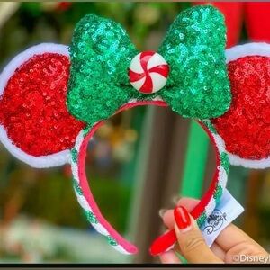 Disney Parks Christmas Red Green Sequin Peppermint Candy Cane Ears Headband