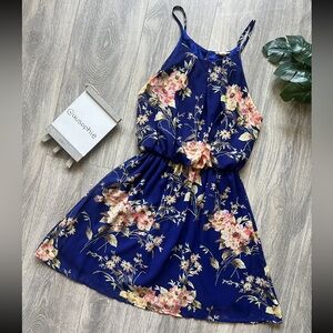 Peach Royal blue floral blouson sleeveless high neck split back mini dress M