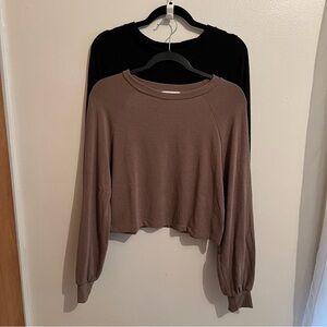 TWO Charlotte Avery Long sleeve semi-crop tops. Black and Taupe/Brown Size large