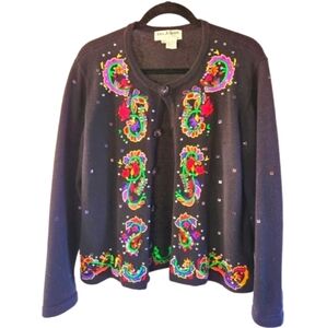 Jack B Quick Women's M Holiday Cardigan Sweater Beaded Jeweled Sequins Christmas