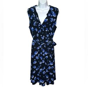 🍁CHAPS | Black & Blue Floral Stretchy Mock Wrap Midi Dress - Size Large