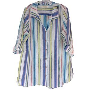 ESCAPE HABITAT WOMANS SHIRT LARGE WHITE BLUE GREEN PURPLE STRIPE 39213 LAGONLOOK