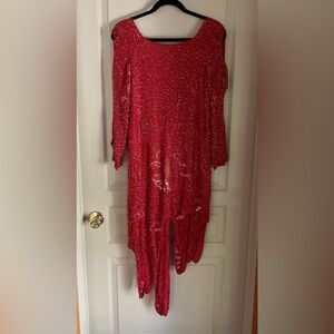 Metamorphosis 100% Silk Fully Beaded Scarlet Red Asymmetrical Hem Dress Vintage