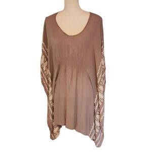 ALESSANDRO MIELE dusty tan longline ruana boho blouse cross stitch accents OSFM