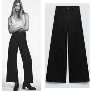 Zara Marine Jeans Womens 0 Black Wide Leg Straight High Rise Raw Hem Bohemian