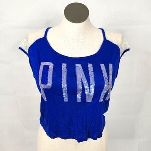 VS PINK Royal Blue Iridescent White Sequin Bling Logo Scoop Crop Top Sz Sm