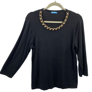 J McLaughlin Gold Chain Scoopneck Black Sweater size Large 3/4 Sleeve Pullover