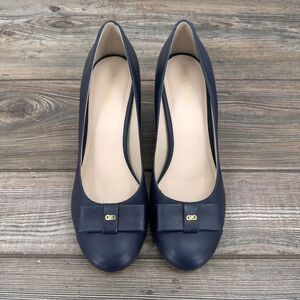 Cole Haan‎ Women's Adair Blue Leather Bow Wedge Slip On Pumps 8B EUC