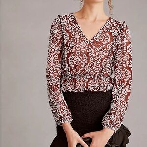 By Anthropologie Red & White Floral Jacquard Sheer V-Neck Peasant Blouse