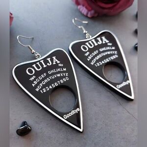 Halloween Gothic Ouija Board Black Drop Earrings, With White Alphabet Design