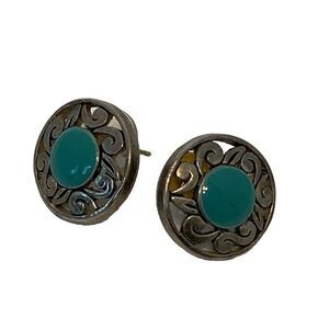 Vintage Signed Lure Western Scroll Silver Metal Post Earrings Turquoise Enamel