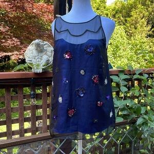 Review Australia Sz 8 blue silky  tank with black gauzy overlay & sequin/beading