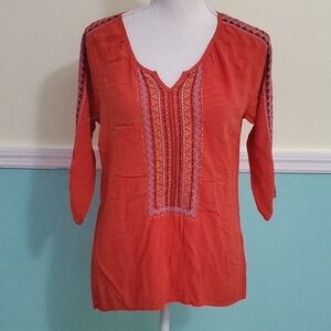 One World Red Orange Embroidered 3/4 Sleeves Boho Peasant Top