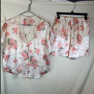 3 Pc Set Barbizon Vintage Pj Shorts Silky Floral Pink White Flowers Robe  Size S