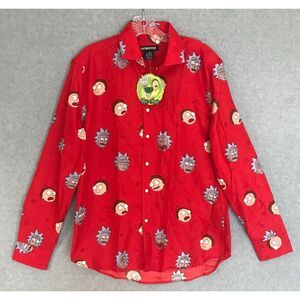 NEW! Rick and Morty‎ Christmas Shirt Mens Medium Red Long Sleeve Button Up AOP