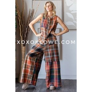 Oli & Hali Bop Around Washed Plaid Wide Leg Flannel Jumpsuit in Rust Multi