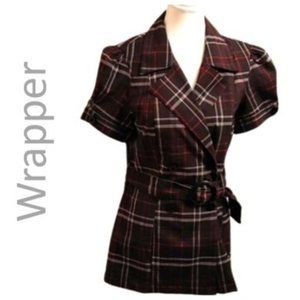 Wrapper black gray and red plaid suit vest blouse short puff sleeves size large