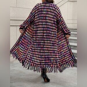 Plus Size Long Plaid Mixed Color Fringed Hem Cardigan Sweater