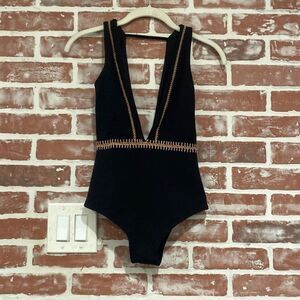 Ellejay Black Textured Plunging Neckline Brown Embroidery One Piece Swimsuit