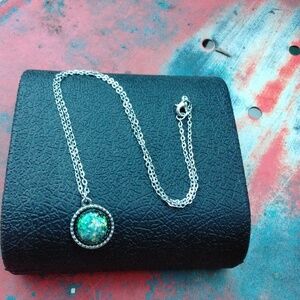 Faux Black Opal Charm Silver Tone Chain Necklace