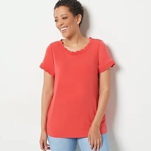 Nwot Susan Graver Liquid Knit Scalloped Trim Coral Top Tee T-Shirt Medium M