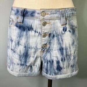 Dickies Women's Cuffed Button Fly Acid Wash Tie Dye Stretch Denim Shorts Size 7