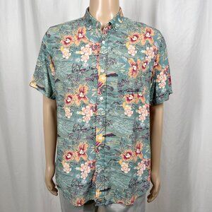 Ezekiel Men's MD Green Hawaiian/Tropical Print Short Sleeve Button-Up Shirt