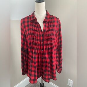 Vintage America Red and Black Plaid Long Sleeve Blouse. Size Medium