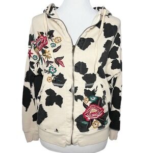 CAITE Posie Cow Print Embroidered Floral Zip Front Hoodie Sweatshirt Size Small