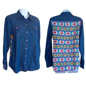 Tin haul blue yellow sunflower aztec cowgirl ranch blouse size medium‌‌‌‌‌