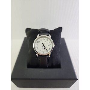 Timex 35mm Easy Reader Date Watch Indiglo Silver Tone Black Leather New Battery