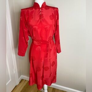 VINTAGE Tanner Red Floral Mock Belted Shoulder Pad Midi Retro 80’s Dress Size 10