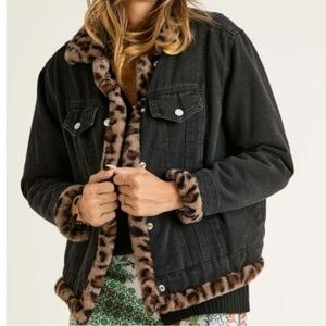 Oversized Denim Jacket with Leopard (faux) Fur Lining