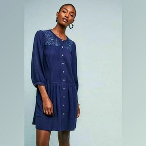 Anthropologie Dubois Blue Boho Flower Embroidered Pleated Peasant Tunic Dress 6