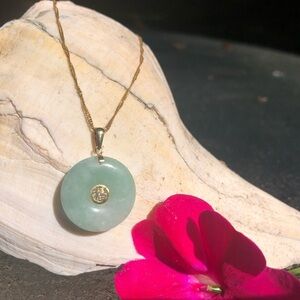 Jade Disc Necklace with Chinese Character. 14k Gold over Silver Twist Chain 24”