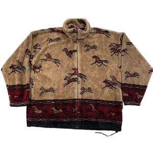 VTG Mazmania Petroglyph Cave Painting Horses Fleece 90’s Jacket Size Large