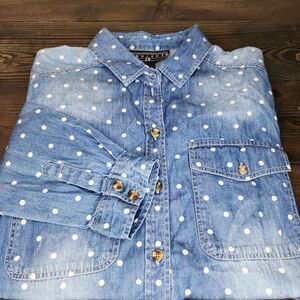 Project 28 Womans Denim Polka dot chambray shirt large button up Cotton