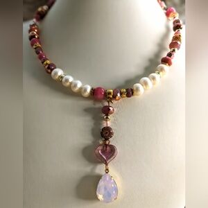 Pink Opal Pendant In Pink Beads and Freshwater Pearl Victorian Style Necklace