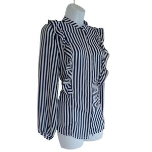 Akaiv navy blue cream business casual victorian stripes ruffle blouse medium‍﻿﻿﻿