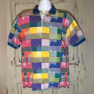 Vintage 90s Cotton Trader rainbow patchwork plaid check coogi-style polo shirt M