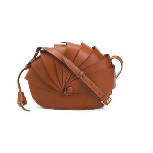 BOLDRINI Golden Made In Italy Leather Oval Fan Crossbody With Smooth Bottom