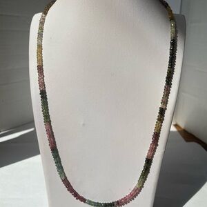 Faceted Watermelon Tourmaline 4mm beads 22” long with 14k lobster claw clasp.