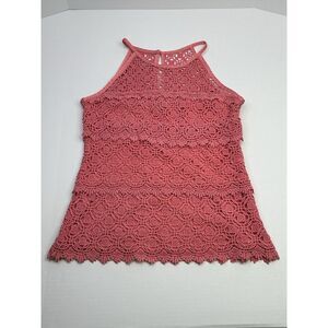 Willi Smith Women's Blouse Size Small Pink Crochet Lace Tiered Halter Top